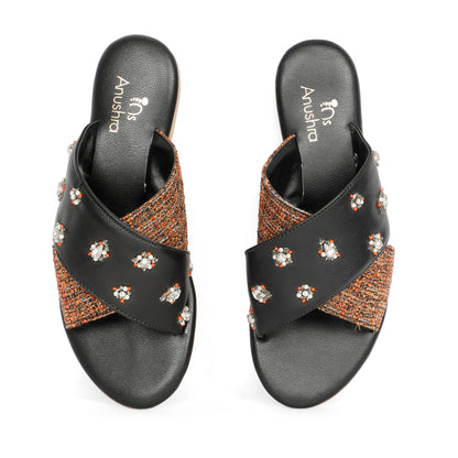 Anika red embellished criss-cross flats for women – sole and heel view