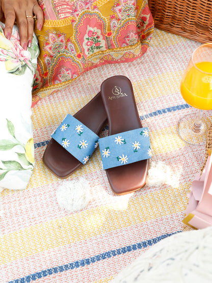 Daisy Denim blue embellished ethnic flats for women – embellishment detail view