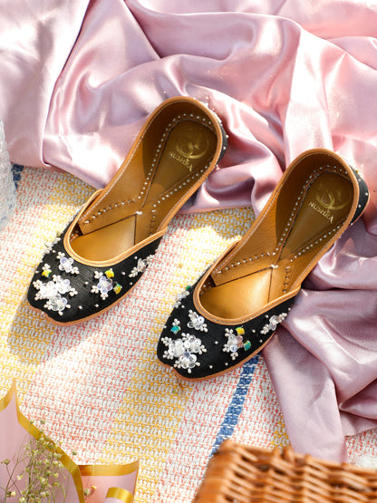 Ruh black embellished ethnic flats for women – front product view