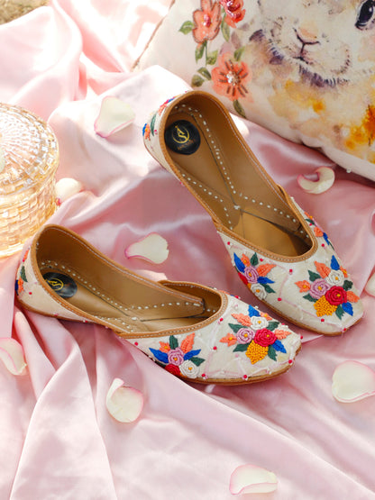 Blossom white embellished ethnic flats for women – front product view