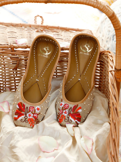 Aira beige embellished ethnic flats for women – front product view