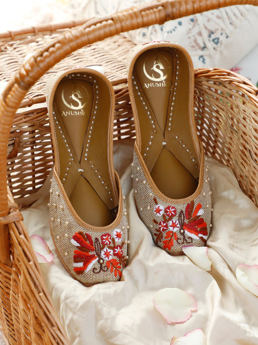 Aira beige embellished ethnic flats for women – side product view