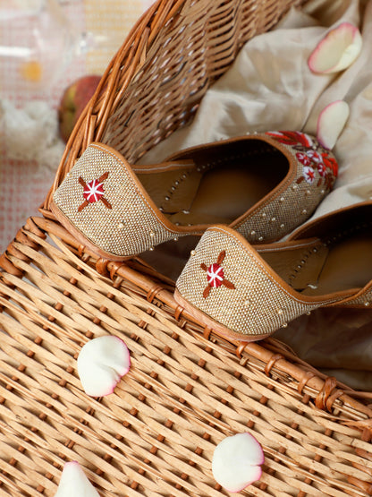 Aira beige embellished ethnic flats for women – top product view