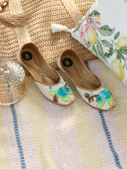 Free Spirit white embellished ethnic flats for women – top product view
