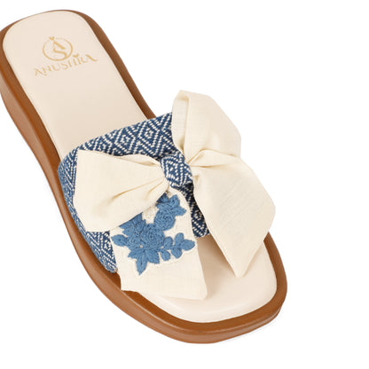 Neelaya Bow blue embellished bomber slider for women – lifestyle view