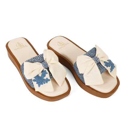 Neelaya Bow blue embellished bomber slider for women – sole and heel view