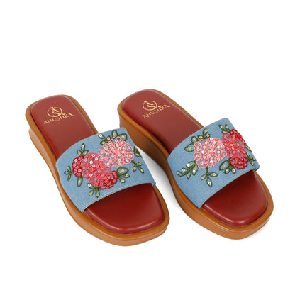 Phoolwari blue embellished bomber slider for women – lifestyle view
