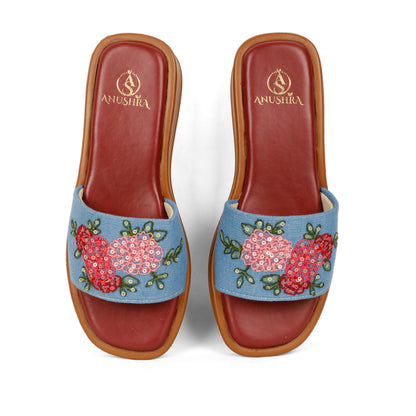 Phoolwari blue embellished bomber slider for women – sole and heel view