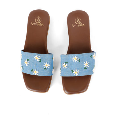 Daisy Denim blue embellished ethnic flats for women – sole and heel view