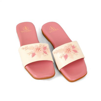 Blush red embellished ethnic flats for women – lifestyle view