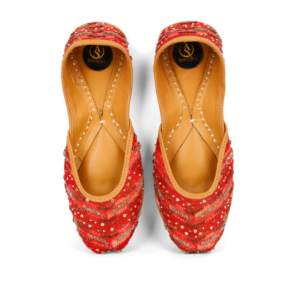 Leher red embellished jutti for women – sole and heel view