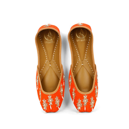 Saffron orange embellished ethnic flats for women – sole and heel view