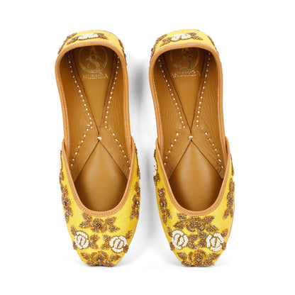 Sunshine yellow embellished ethnic flats for women – embellishment detail view