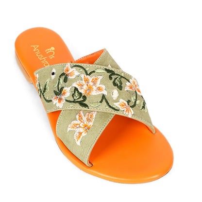 Aaranya green embellished criss-cross flats for women – lifestyle view