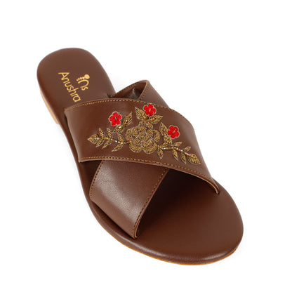 Mehru Bloom red embellished criss-cross flats for women – alternate product view