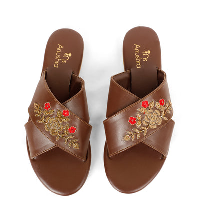 Mehru Bloom red embellished criss-cross flats for women – additional product view