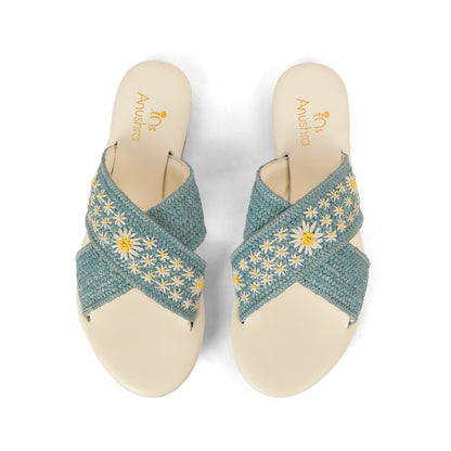 Daisy blue embellished criss-cross flats for women – sole and heel view