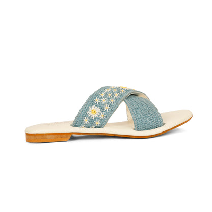 Daisy blue embellished criss-cross flats for women – lifestyle view