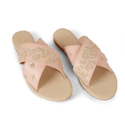 Pearl red embellished criss-cross flats for women – lifestyle view