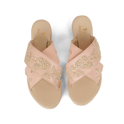 Pearl red embellished criss-cross flats for women – sole and heel view