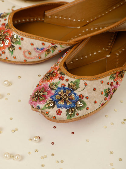 Nazakat Floral beige embellished jutti for women – top product view