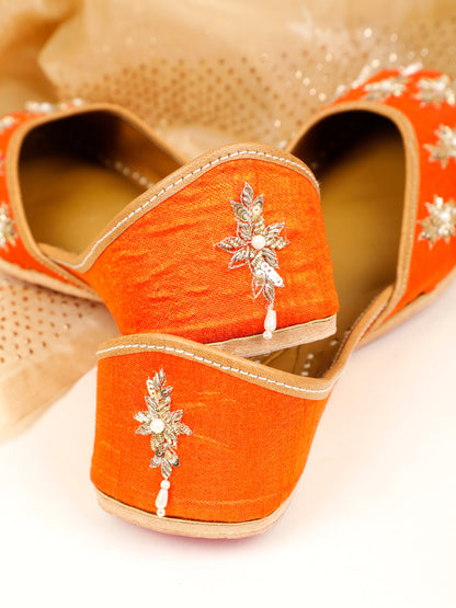 Saffron orange embellished ethnic flats for women – embellishment detail view