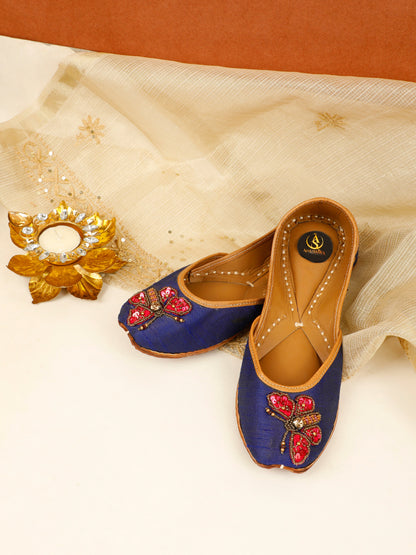 Butterfly blue embellished ethnic flats for women – front product view