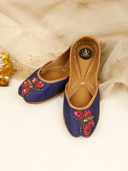 Butterfly blue embellished ethnic flats for women – side product view