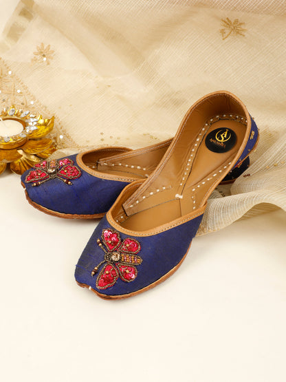 Butterfly blue embellished ethnic flats for women – top product view