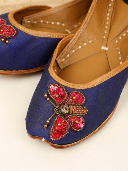 Butterfly blue embellished ethnic flats for women – sole and heel view