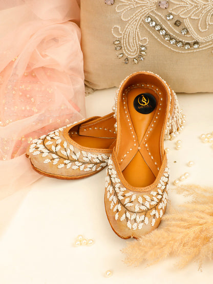 Moti Baag beige embellished ethnic flats for women – front product view