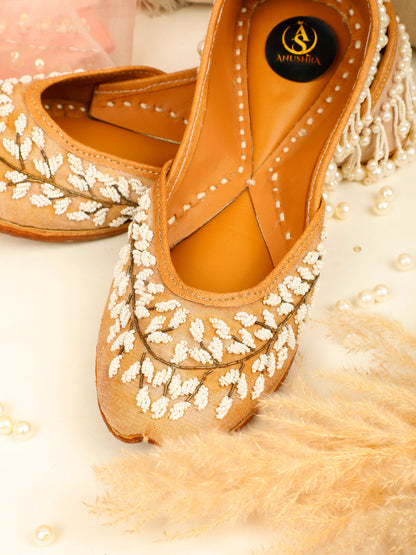 Moti Baag beige embellished ethnic flats for women – top product view