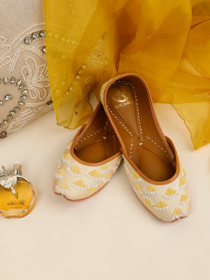 Sunehri Phool white embellished ethnic flats for women – front product view