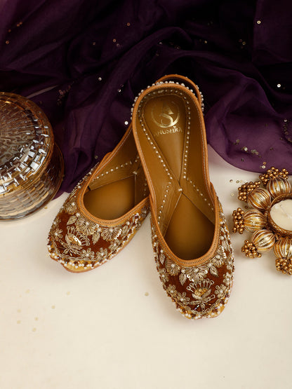 Nazneen pearl brown embellished jutti for women – front product view