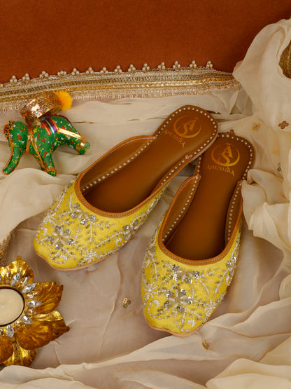 Jhoomar yellow embellished half jutti for women – front product view