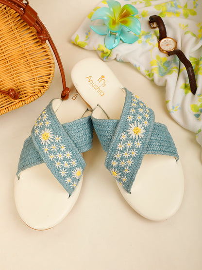 Daisy blue embellished criss-cross flats for women – side product view