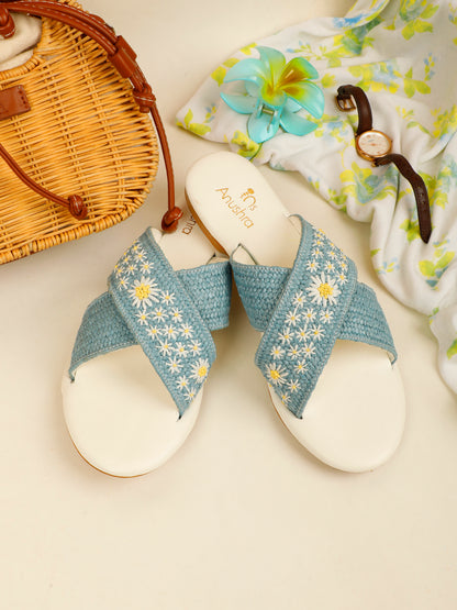 Daisy blue embellished criss-cross flats for women – front product view
