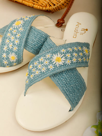 Daisy blue embellished criss-cross flats for women – embellishment detail view