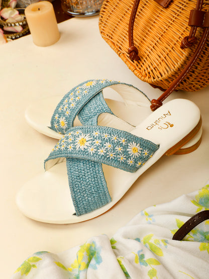 Daisy blue embellished criss-cross flats for women – top product view