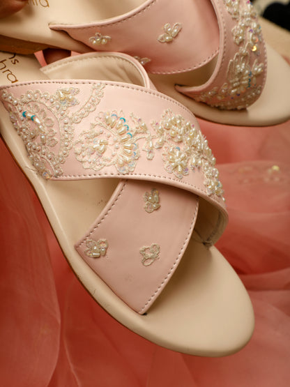 Pearl red embellished criss-cross flats for women – embellishment detail view