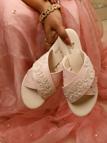Pearl red embellished criss-cross flats for women – front product view