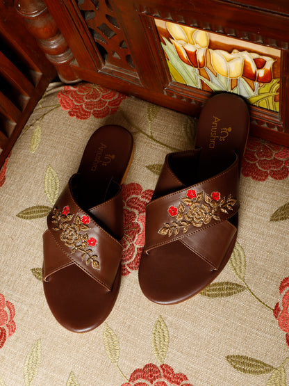 Mehru Bloom red embellished criss-cross flats for women – front product view