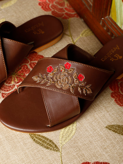 Mehru Bloom red embellished criss-cross flats for women – embellishment detail view