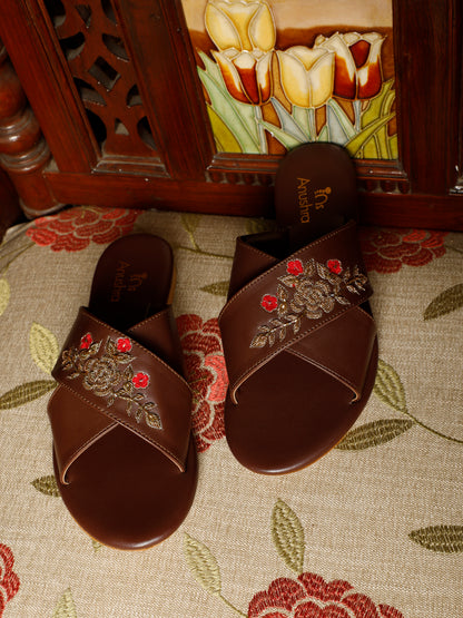 Mehru Bloom red embellished criss-cross flats for women – side product view