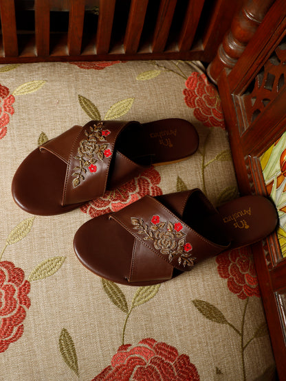 Mehru Bloom red embellished criss-cross flats for women – lifestyle view