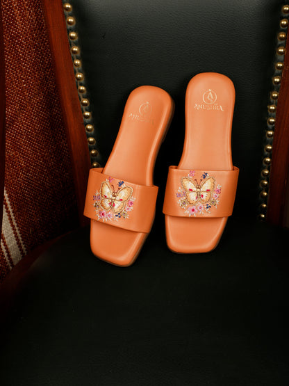 Butterfly red embellished ethnic flats for women – side product view
