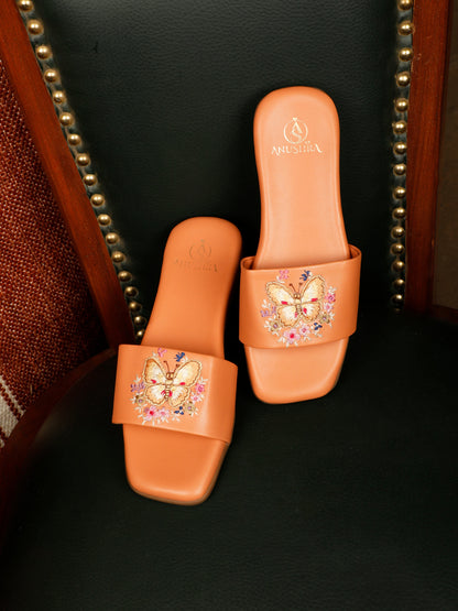Butterfly red embellished ethnic flats for women – front product view