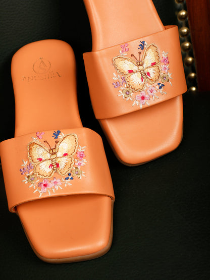 Butterfly red embellished ethnic flats for women – embellishment detail view