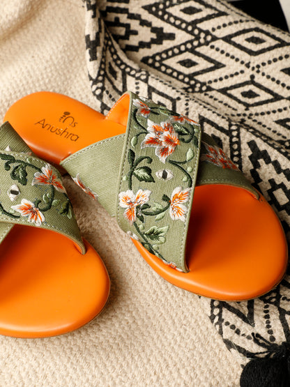 Aaranya green embellished criss-cross flats for women – embellishment detail view