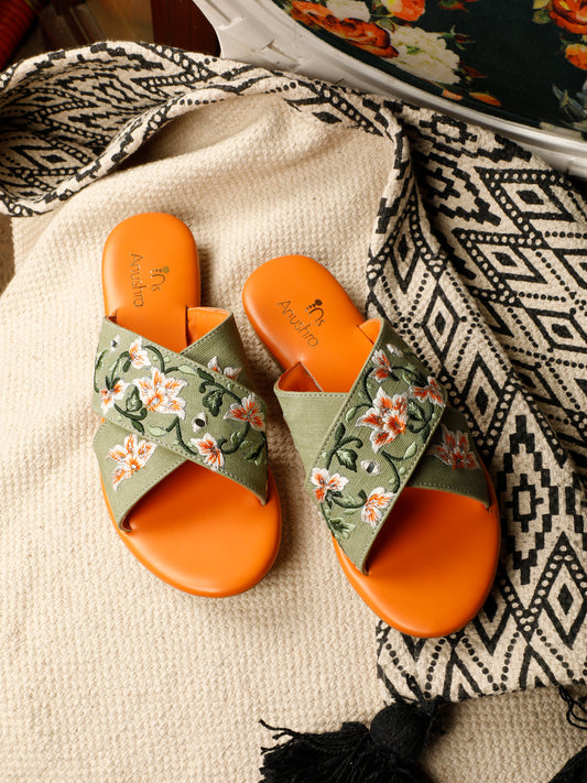 Aaranya green embellished criss-cross flats for women – side product view